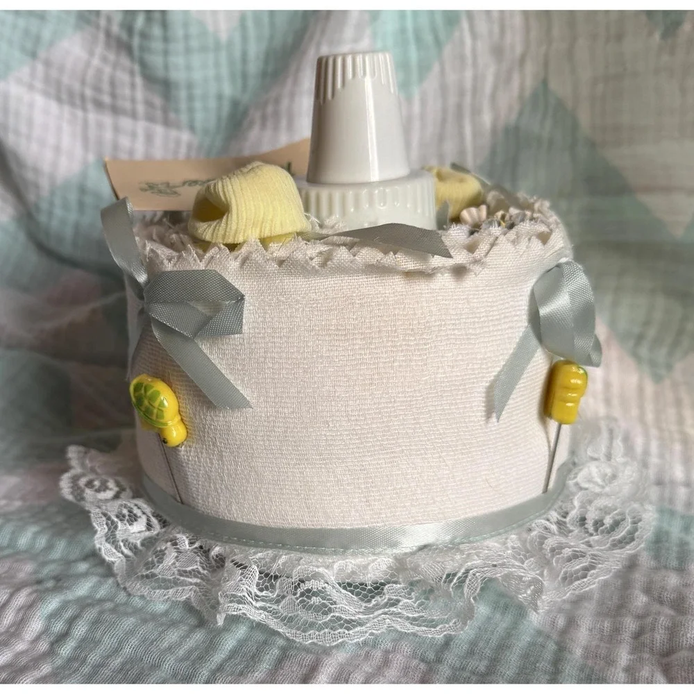 Vintage Baby Shower Diaper Cake with Original Tag – Preserved 1983 Keepsake